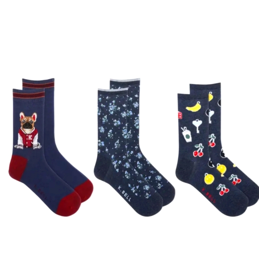 NEW....K BELL 3-Pack French Bulldog Assorted Crew Socks....